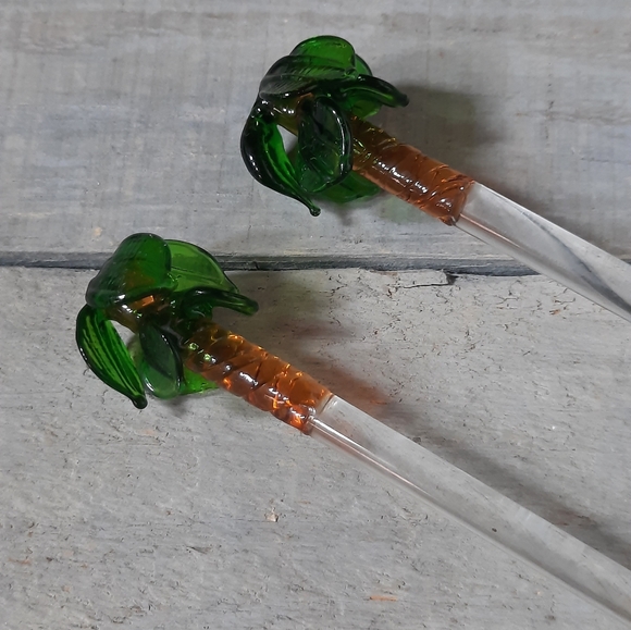 Vintage Hand Blown Art Glass Swizzle Stir Sticks Palm Trees Set of 2 - Picture 5 of 14